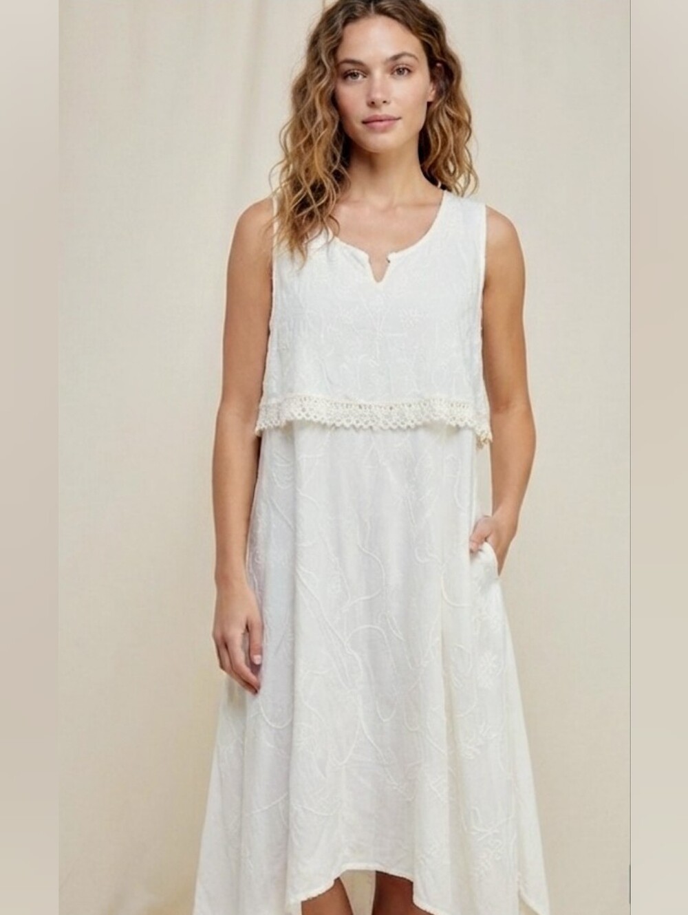 FEELINGS White Embroidered Rayon Boho Maxi Dress Crochet Trim Size OS NWOT